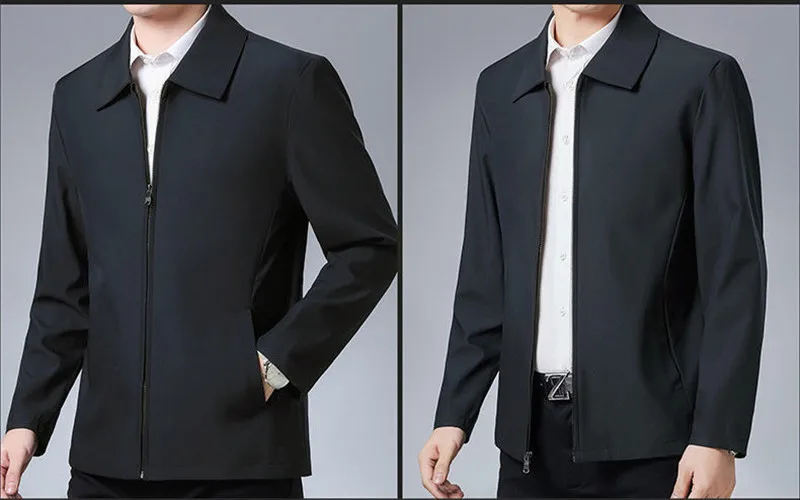 Spring Men Smart Casual Jackets Black Navy Blue Turn Down Collar Zipper Front Lightweight Coat Male Business Out fits_voghion.com