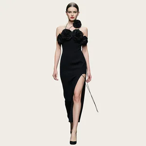 Fashion New Stock Arrival Rose Leather Strap Suspender 3D Flower High Slit Sexy Bandage Dress for Party