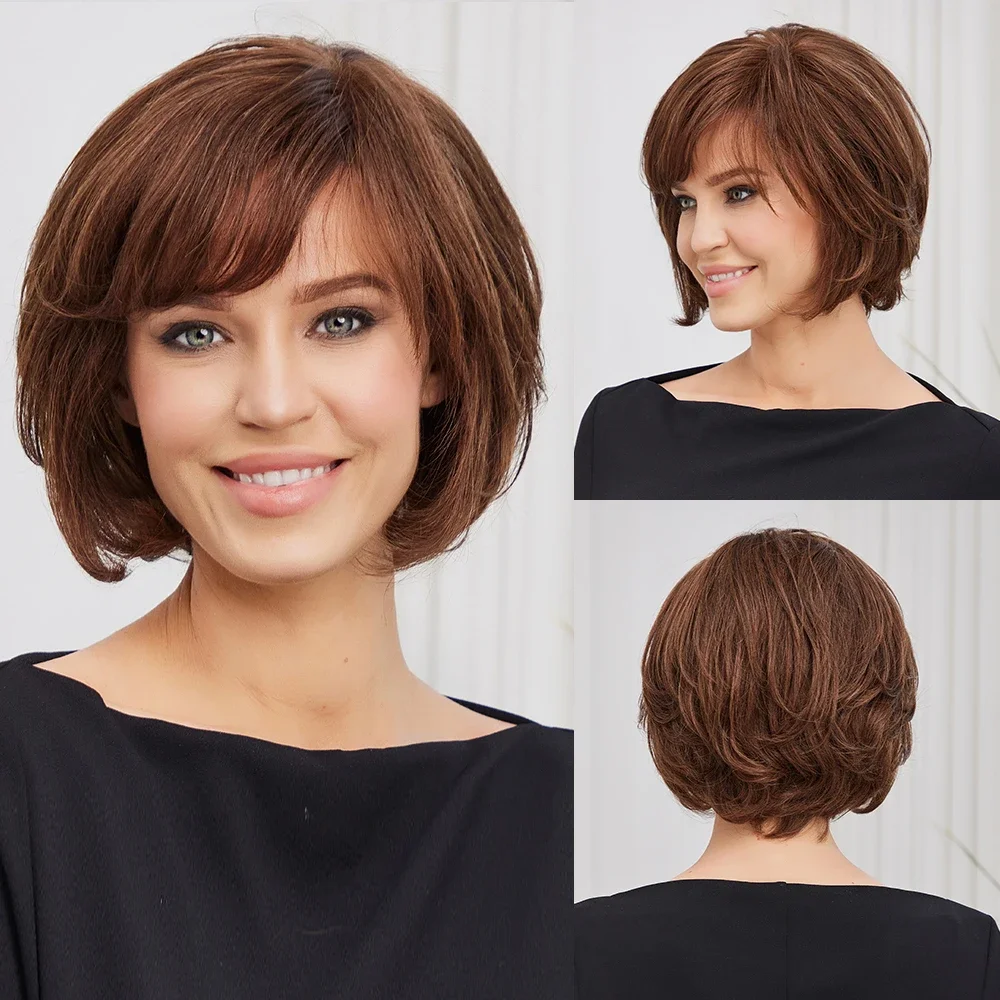 Parrucche frontali in pizzo con capelli umani biondi e castani ombré, corte, naturali e ondulate, Remy, per donne bianche_voghion.com