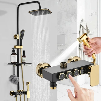 Rainfall Black Gold Shower Faucet Single Handle Waterfall Shower Mixer Wall Mounted Swivel Bath Spout Shower