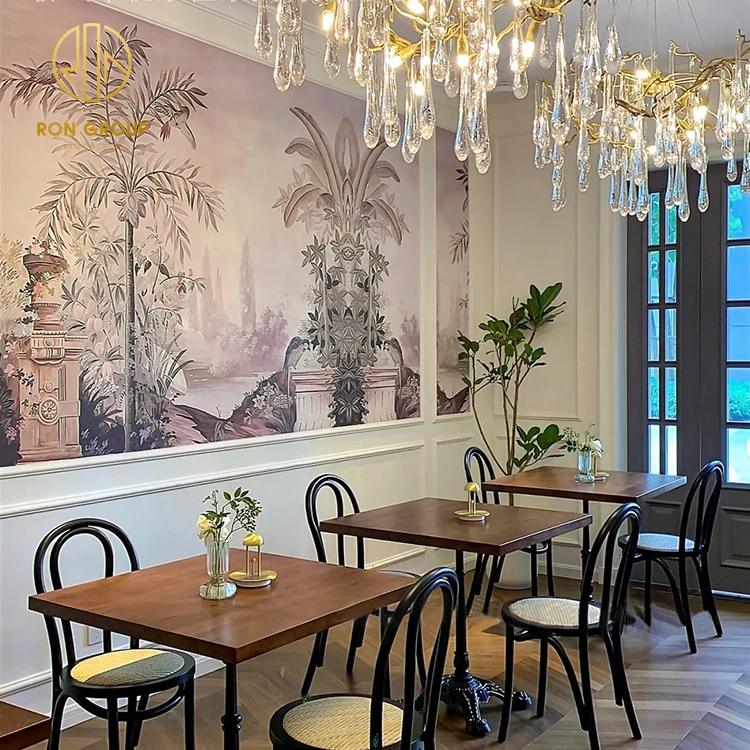 Custom square Oak Fast Food Coffee Shop Commercial Furniture Solid Metal Bistro Small Cafe Wood Wooden Hotel Restaurant Table