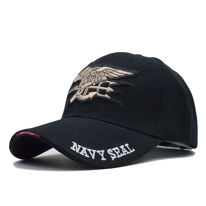 High Quality 6 Panel Plain Baseball Cap US Navy Seals Logo Trucker Hat for Men Black Common Fabric