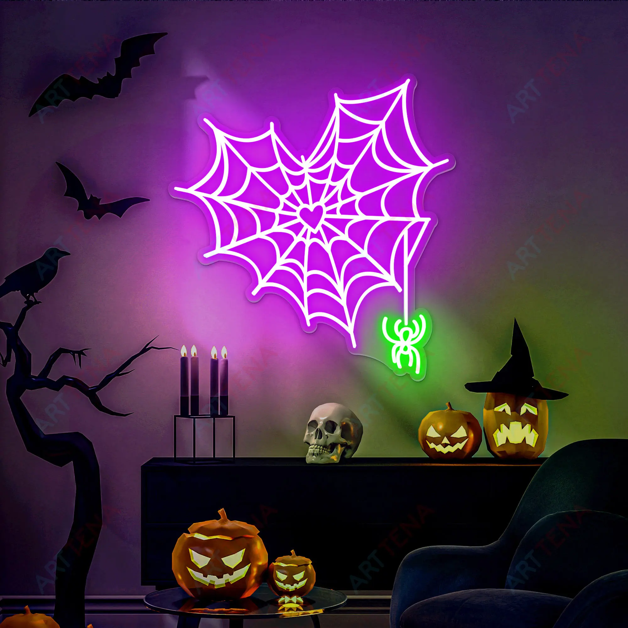 スパイダーウェブハートネオンサインハロウィンサイントリックオア