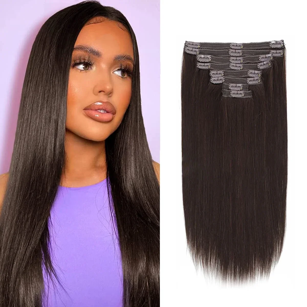 Extensions de cheveux humains à clipser brun foncé 8 pièces 16-26 pouces Remy_voghion.com