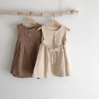 Summer New Linen Girls' Sleeveless Princess Dress Japanese Korean Style Solid Pattern Button Versatile Baby Skirt