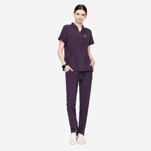 2026 Plus Size Dark Purple Stretchy Doctor Straight Scrub Suit Fashionable Uniforms Sets for Tall Women