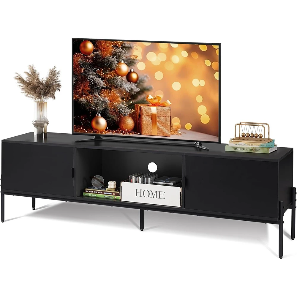 product nu deco farmhouse 65 inch tv stand with 2 storage cabinets open shelf wooden material metal legs black for living room  bedroom-0