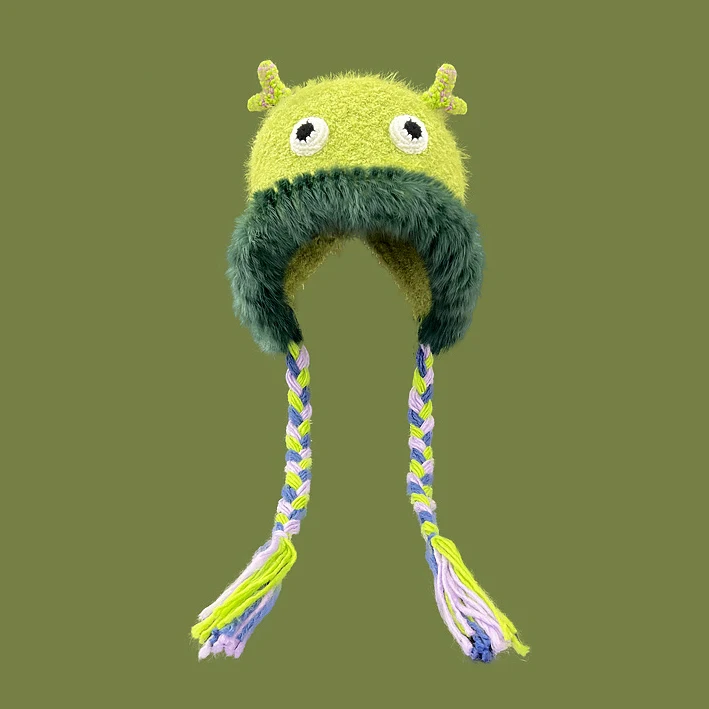 Cute Kawaii Furry Long Braid Y2K Grunge Little Monster Beanie Hat