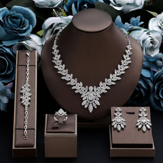 Dubai Necklace Earrings Sets Zircon Cubic American Diamond Jewellery Custom Wedding Bridal Jewelry Set