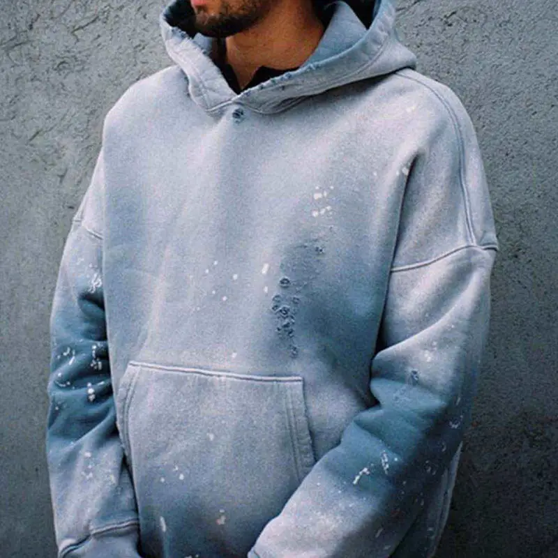 Custom Blank Vintage Distressed Cropped Disstressed Paint Splatter Sunfade Acid Washed Men's No Rope Hoodie gallery 2