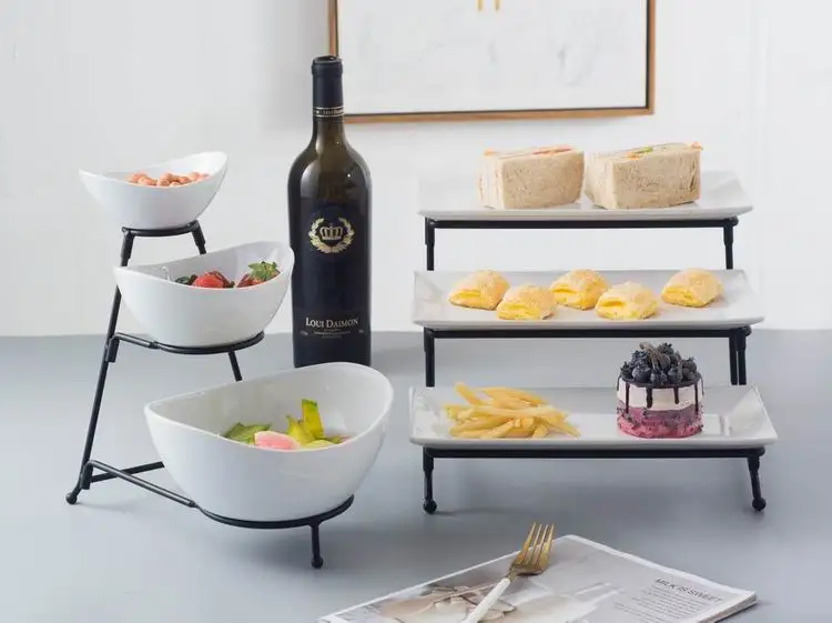 3 Tier Porcelain Bowls with Black Rack - Perfect for Parties