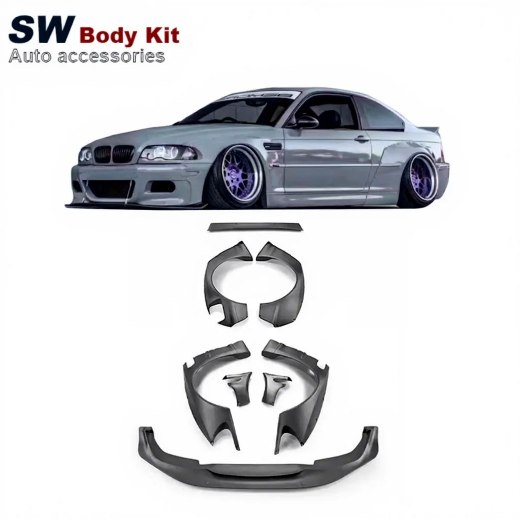 BMW M3 E46 2000-2006 Wide Body Fiberglass Kit New Front Rear Bumper Diverter Side Body Fender Wheel