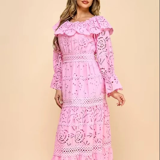 A Long Dress For Women Featuring Embroidered Cut-out Fabric, Multi-layered Lace, Ruffle Details, And A One-shoulder Neckline. - Image 1