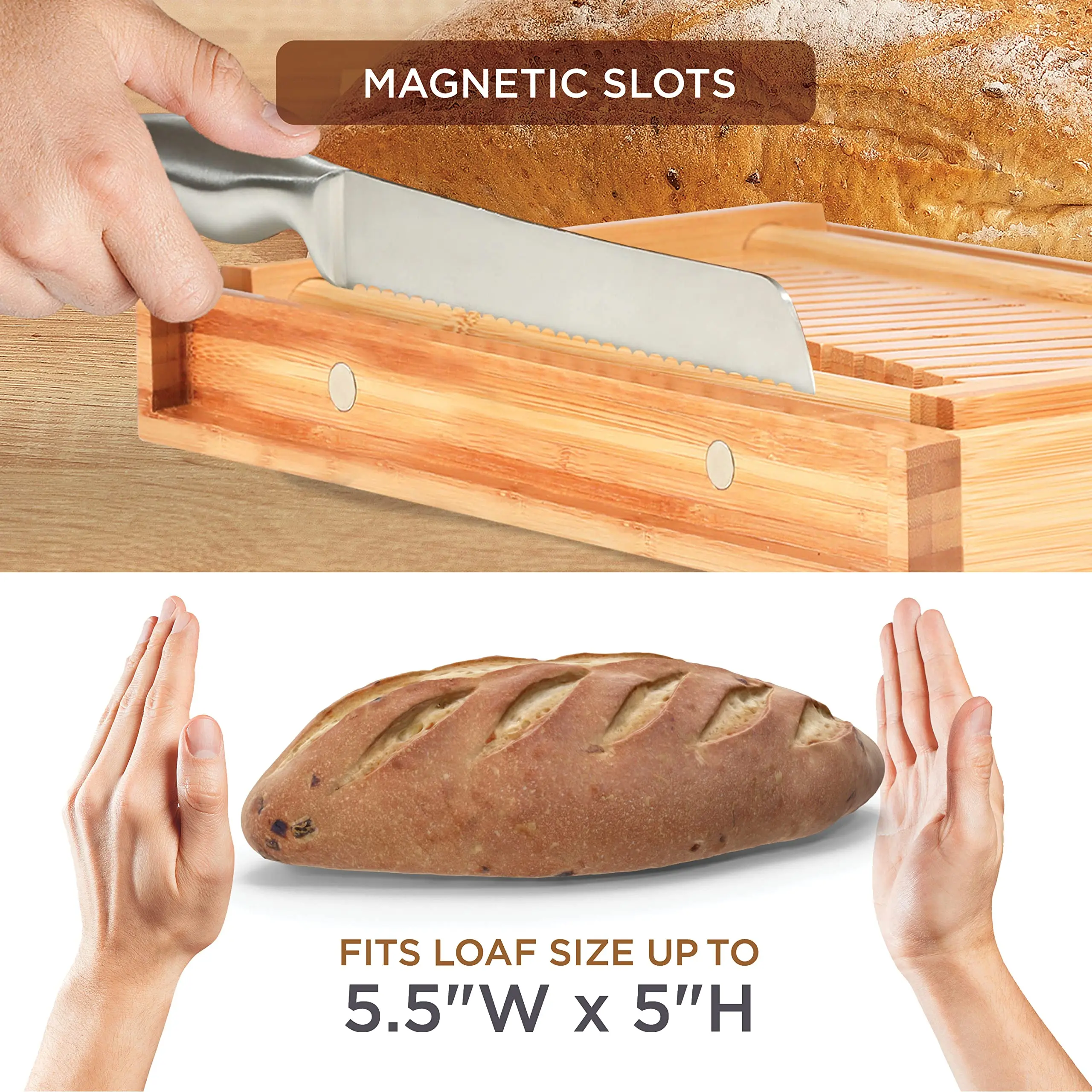 Custom Bamboo Wood Bread Board With Stainless Steel Knife Set And Crumb Tray Bread Slicer