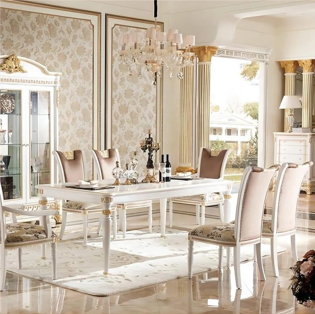 High-end Dining Room Chairs Table Furniture  White Lacquered Wooden Structure Fabric Upholstery Marble Top Dining Table Sets