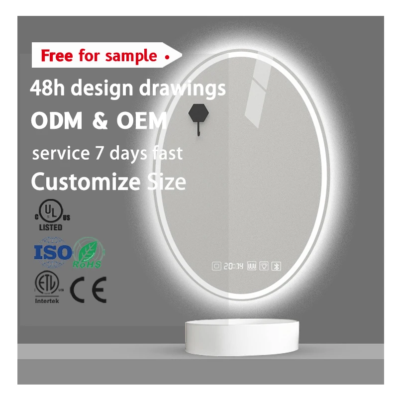 OEM&ODM Smart Oval Mirror Touch Screen Led Bathroom Smart Waterproof Mirrors With Time Temperature and bluetooth