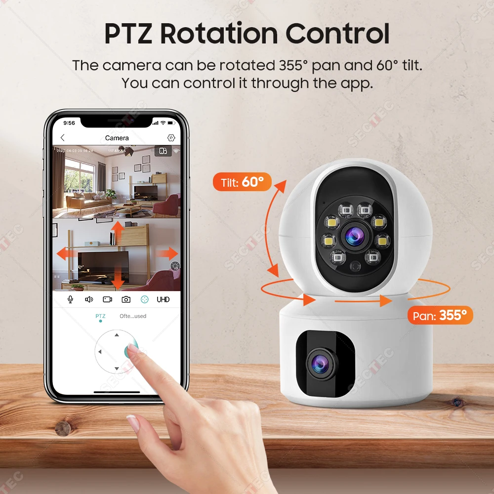SECTEC New Wifi Pet Baby Monitoring Camera Smart Home System HD 8MP CCTV Dual Lens Linkage Outdoor Camera