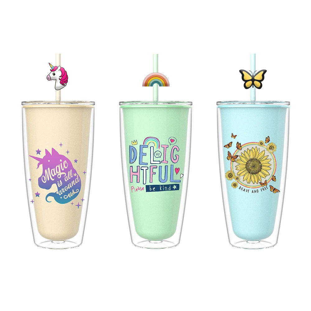 Заводской логотип, чашка без бисфенола А, многоразовая пластиковая чашка для питья, оптовая продажа, блеск с двойными стенками и соломинкой