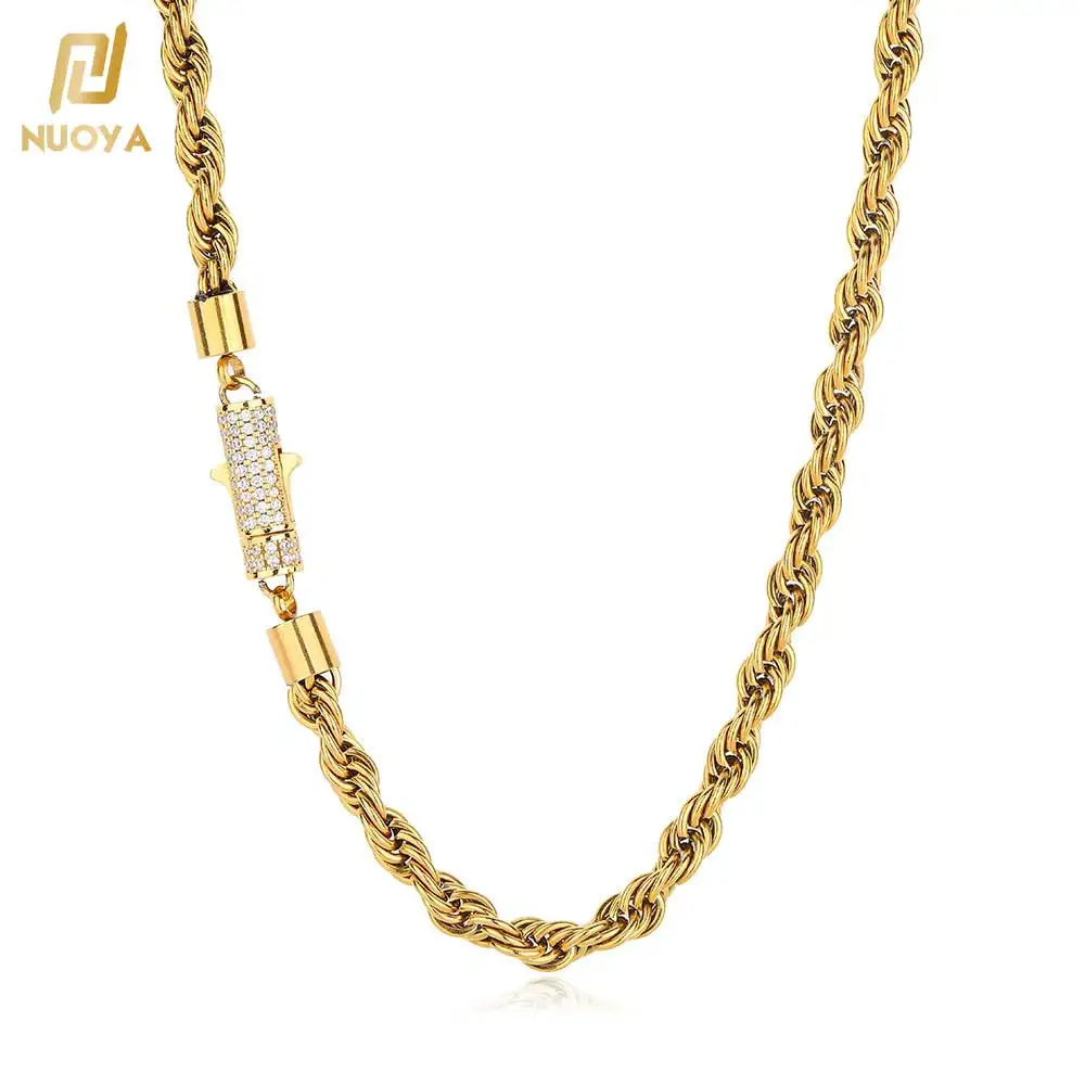 NUOYA New Style 6mm Iced Out Clasp Rope Chain 18k Gold Plated Stainless  Steel Twist Rope Chain Necklace for Men