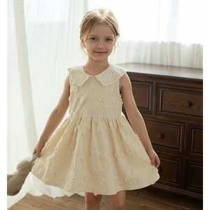 YOEHYAUL X4499 Sweet Exquisite Cotton Kids Girls Dresses Casual Beige Embroidery Elegant Dresses for Small Kids 4-5 Girls