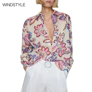 OEM/ODM Long Loose Sleeve Light Beige Floral Print 100% Cotton Blouse Shirt Breathable Embroidered  for Summer