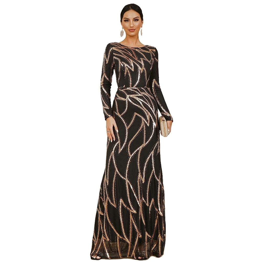 In Stock Wrap Skirt US and Europe Luxury Slim Fit Long Dress Fishtail Design Contrast Colors Sequined Modest Evening Dress