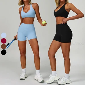 Custom Women's Gym Sportswear Workout Set Tight Shorts and Tops with Logo on Waist for Athletic Training Yoga Fitness