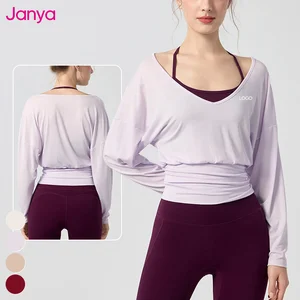 Janya Wholesale Lightweight High Quality Long Sleeve Gym Shirts Fitness Sports Blouse Top Skinny Deep V Neck Yoga Top for Ladies