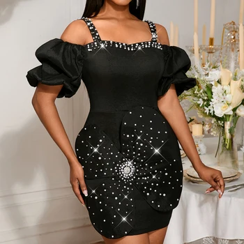 AM050141 Sparkly Puff Sleeve Spaghetti Straps Beading 3D Flower Bodycon Mini Women's Evening Party Dress