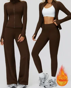 Latest Design Women Long Sleeve Gym Zipper Jackets Customized High Waist Flared Pants Leggings Sets Warm Fitness Yoga Set