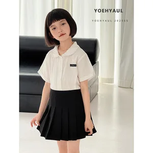 YOEHYAUL CD1640 110cm-170cm Solid Cotton Big Girl Kid Tshirt for Children Wholesale Peter Pan Collar Teen Girl T Shirt with Lace