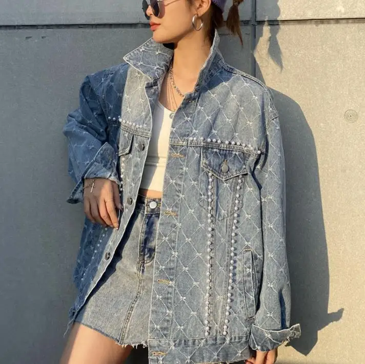 Women's Denim Jacket Korean Style Spring And Autumn New Loose Beads ...