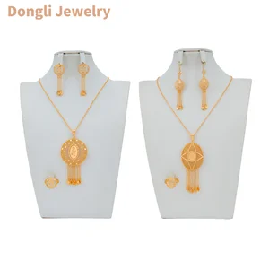 Arabian Style Three-Piece Jewelry Set in Champagne Gold Laser-Engraved Arabian Rose Motif Hollow-Out Brass Fashion Jewelry