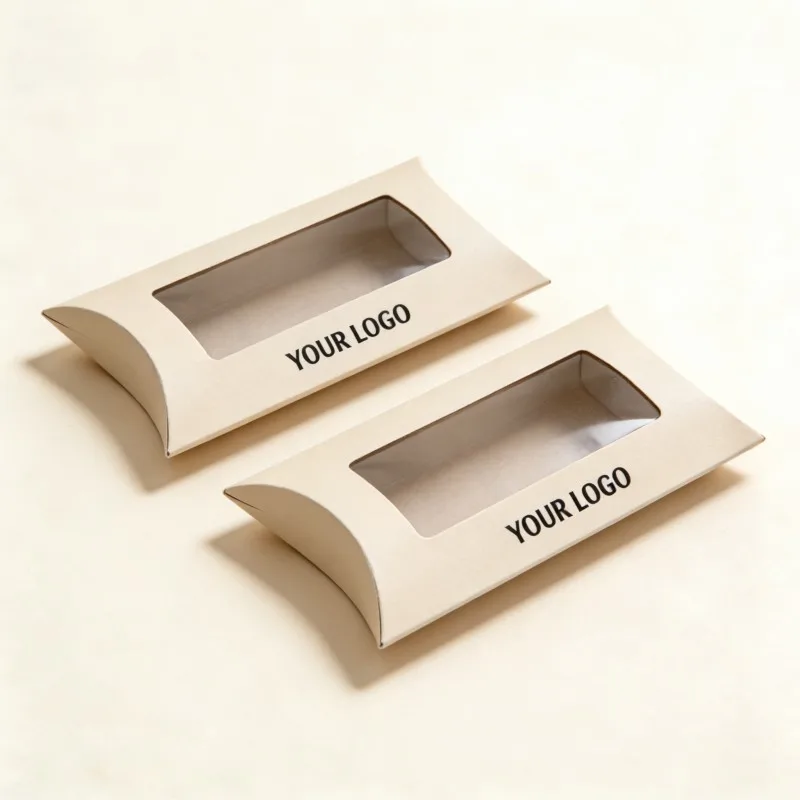 Recyclable Custom Luxury Chocolate Candy Small Kraft Paper Pillow Box with PVC Window Wedding Birthday Party Candy Packaging