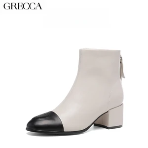 GRECCA Leather Ankle Boots for Women, All - Black with Carved Accent, Chunky Block Heel, Side Zipper,  Ideal for Various Outfits