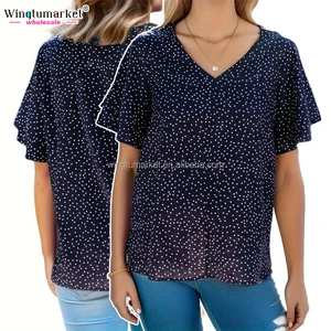 Wholesale Short Sleeve Tops Summer Shirt Tee v Neck Loose Casual Elegant Ruffled Chiffon Navy Blue Polka Dot Blouse Women