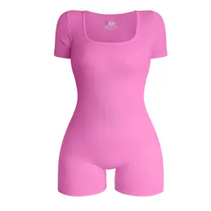 High Quality OQQ Women's Sports Yoga Jumpsuit Square Neck Short Sleeved Lightweight Breathable High Elasticity Ribbed Design