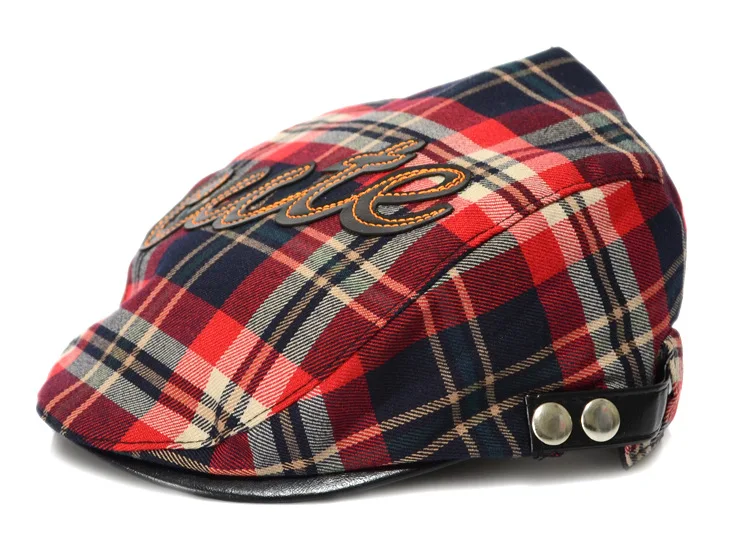Blue Red Plaid Snap Front Newsboy Golf Flat Ivy Cap Beret