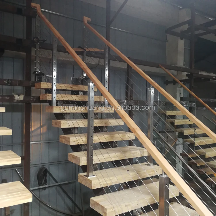 Decorative Double Stringer Straight Stairs with Cable Railing and Oak Treads