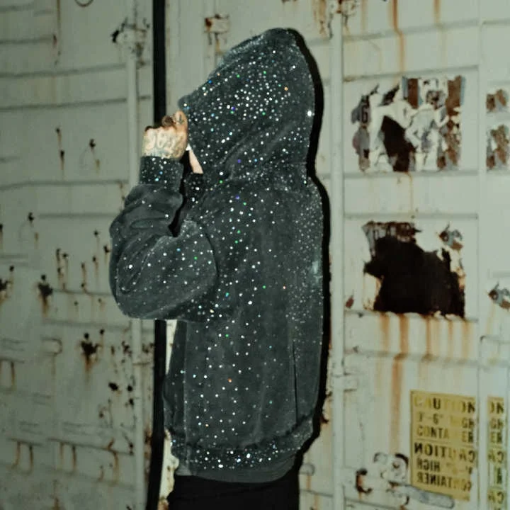 Salati Supplier Bling Glitter Oversized All Over Diamond Printed Boxy Rhinestone Stone Faded Acid Wash Sweatshirt Men's Hoodies gallery 3