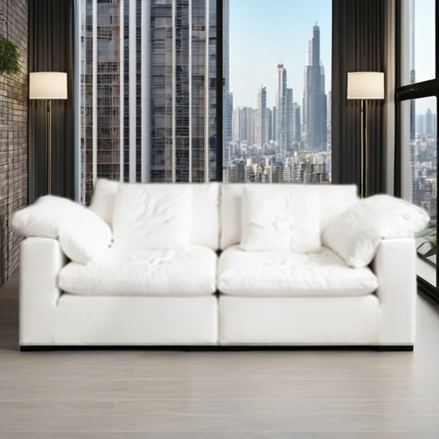 Modular Set 2-Seater White Fabric Sofa with Removable Feather Cushion Waterproof for Hotels and Apartments