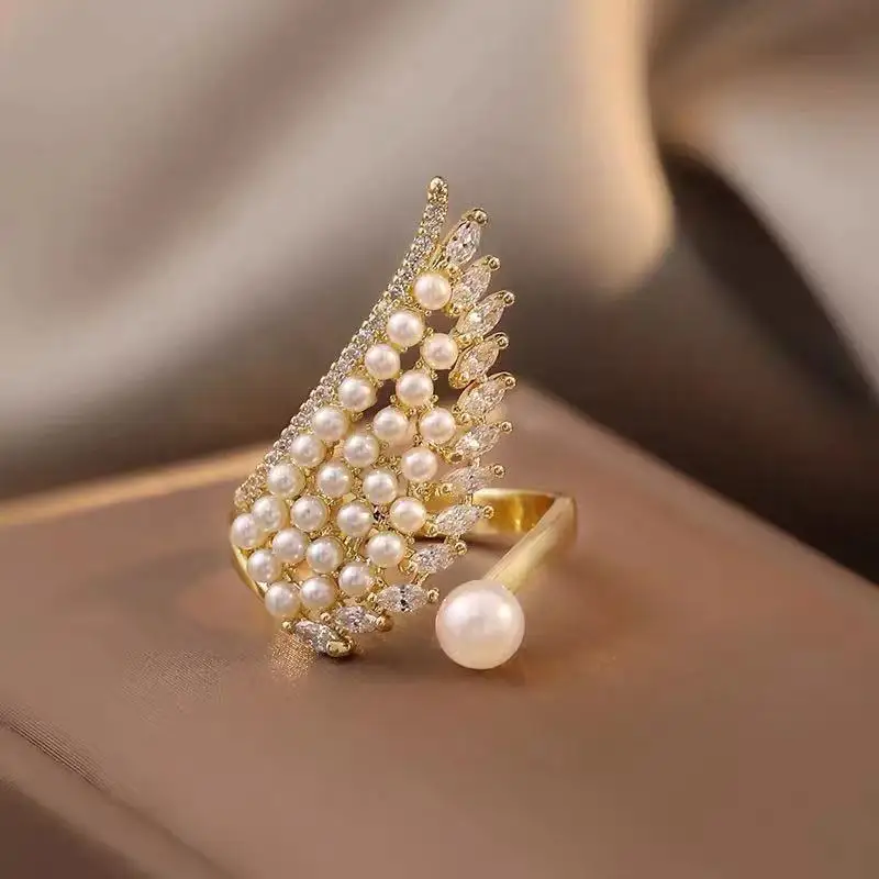 Elegant Pearl Angel Wing Ring Gold Plated Open Adjustable Wing Shape Rhinestone Ring for Women