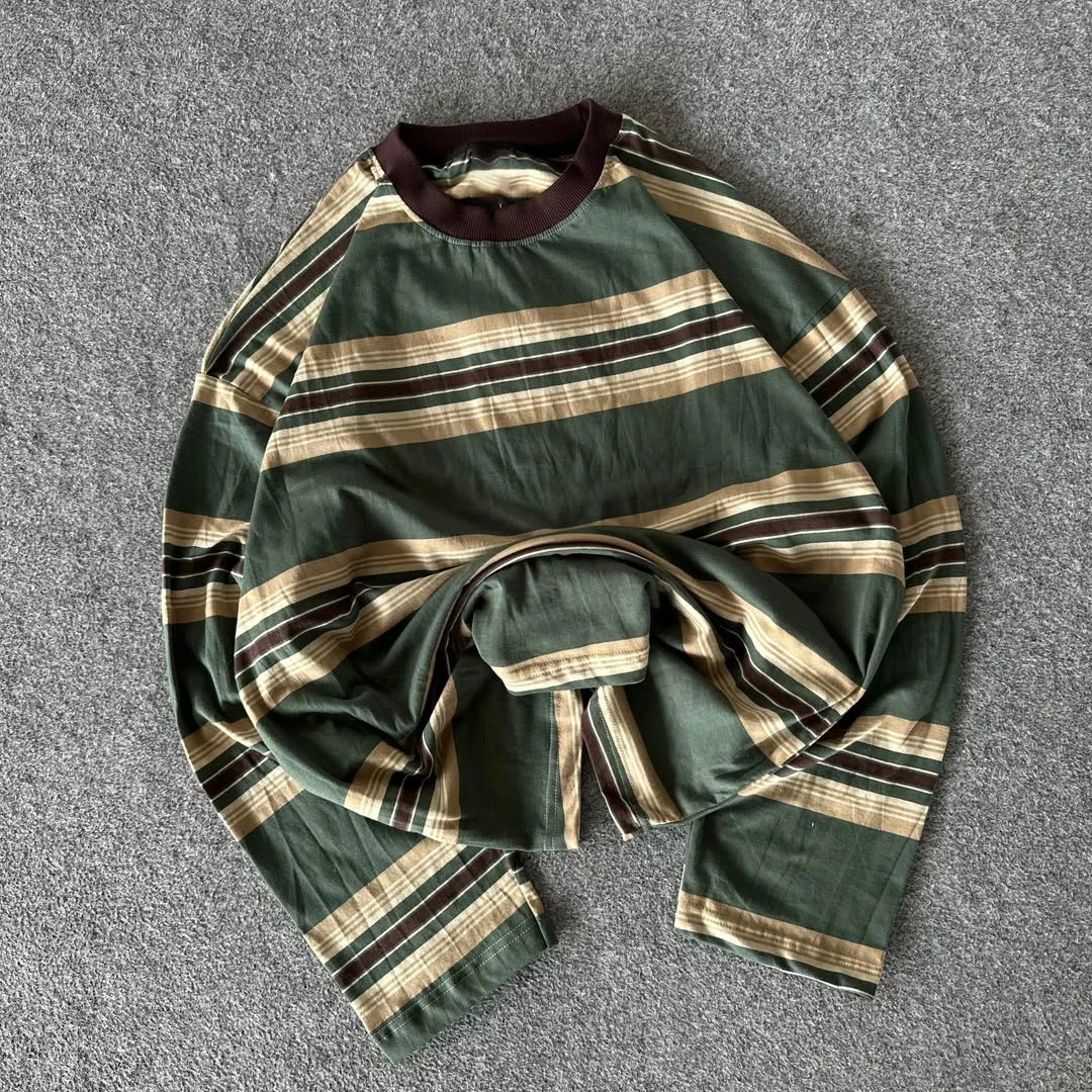 product new trend custom vintage color contrast stripe raglan long sleeve top premium 100 cotton daily commuter mens long sleeve-3