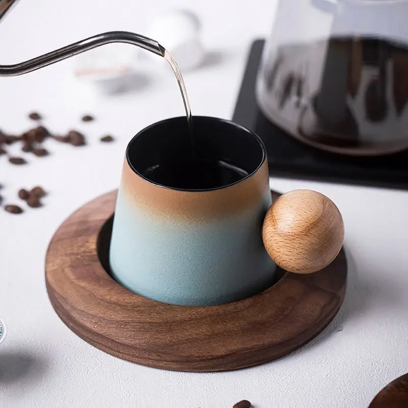 200ml Gradient Porcelain Mug Ceramic Coffee Cup and Wooden Saucers With Round Shape Wooden  Ball Handle