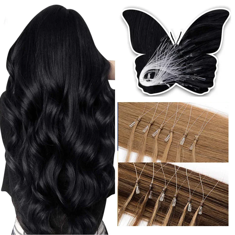 Extension per capelli umani Micro Loop, Extension per capelli Micro Ring Fish Line Link, Cold Fusion Remy Hair per donne, colore #1B, 16-26 pollici_voghion.com