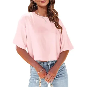 Summer Women's Loose Short Round Neck Exposed Navel Casual Solid Color T-shirt