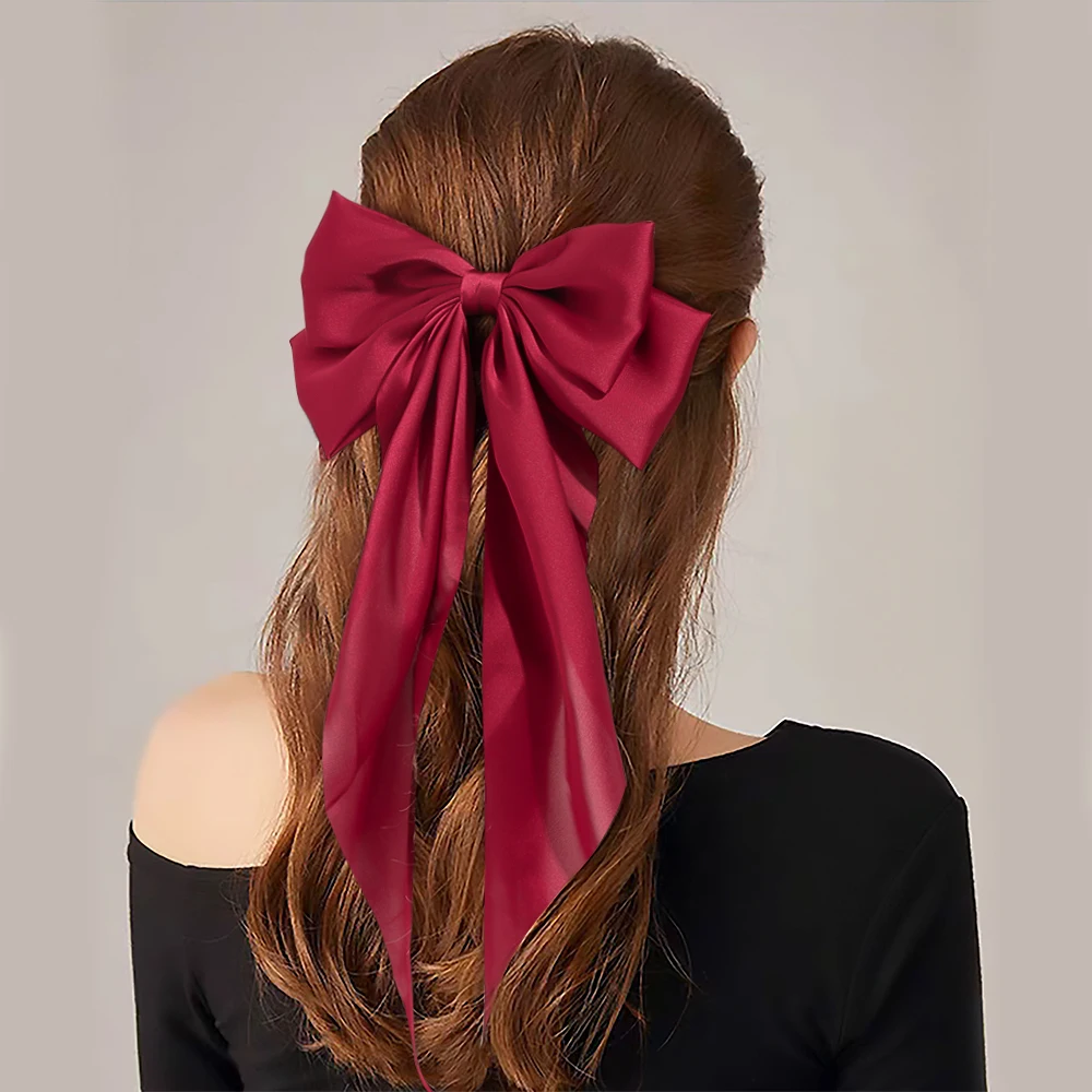 Korean Style Long Ribbon Big Bow Satin Hairpins Girl Simple Versatile Spring Hair Clip Women Daily Elegant Hair Accessories