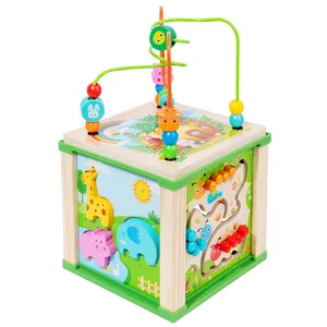 Montessori Wooden Baby Toy Multifunctional Bead Maze Xylophone Clock Shape Sorter Activity Cube for Early Learning