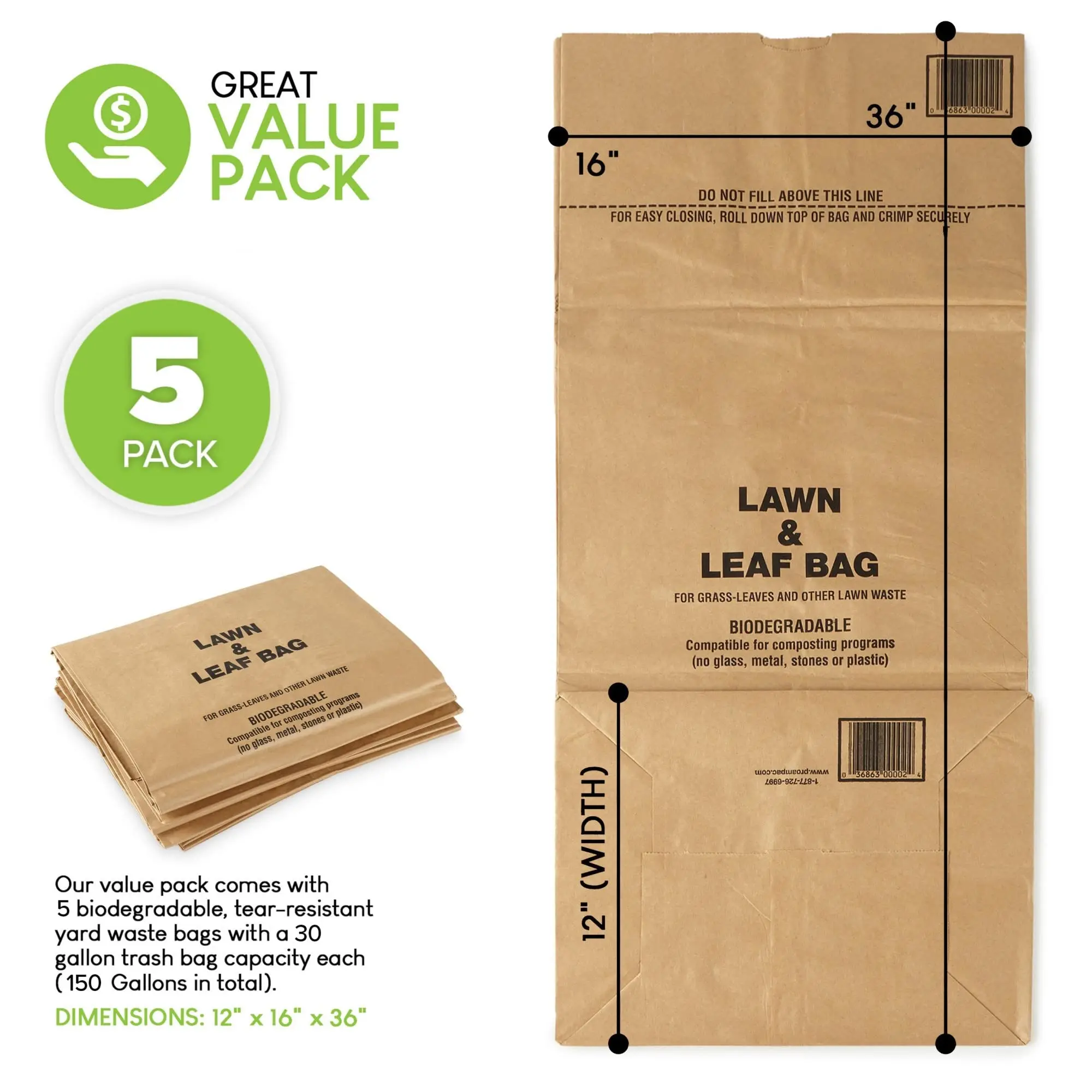 thumbnail image 2 of 30 Gallon Paper Lawn & Leaf Bags – Heavy Duty, 20 Count, Made In USA 2 of 3