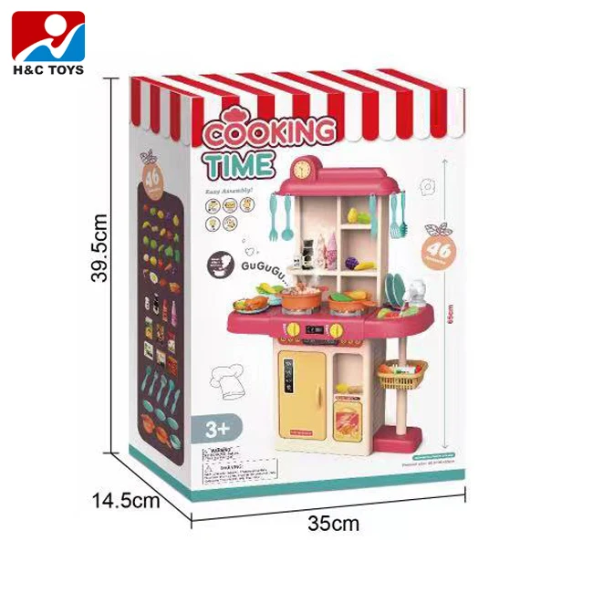 Children's Small Plastic Cooking Table with Music and Lighting Puzzle Kitchen Food Toys with 46 Accessories